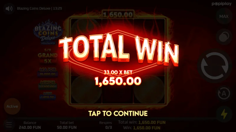 Blazing Coins Deluxe ganancias totales de respin